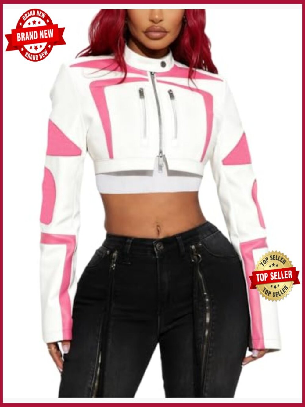 Cropped Faux Leather Bomber Jacket Zip Up Street Style - Picture 2 of 5